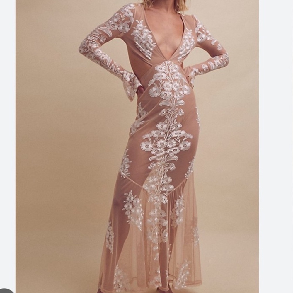For Love & Lemons Nude Maxi Dress with White Floral Embroidery